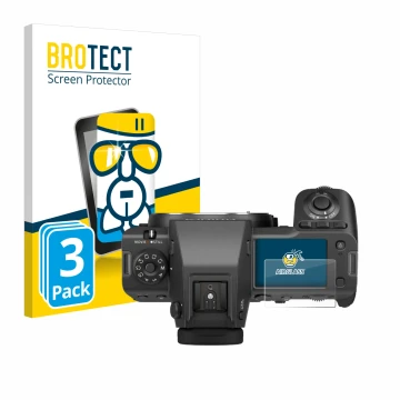 Face avant d’un emballage produit avec le logo de la marque BROTECT. À côté, l’appareil Fujifilm GFX100 II (affichage des épau