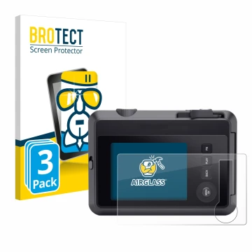 Face avant d’un emballage produit avec le logo de la marque BROTECT. À côté, l’appareil Leica SOFORT 2 est représenté avec la 