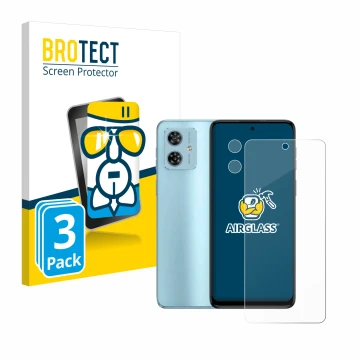 Face avant d’un emballage produit avec le logo de la marque BROTECT. À côté, l’appareil Motorola Moto G54 (Avant+Caméra) est r