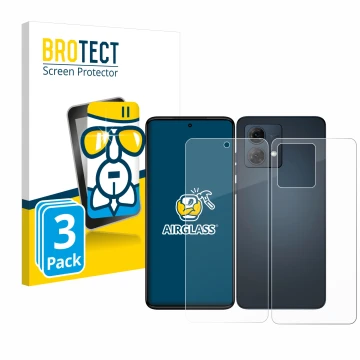 Face avant d’un emballage produit avec le logo de la marque BROTECT. À côté, l’appareil Motorola Moto G84 (Avant+Arrière) est 