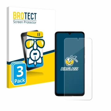 Face avant d’un emballage produit avec le logo de la marque BROTECT. À côté, l’appareil Xiaomi Poco C65 est représenté avec la