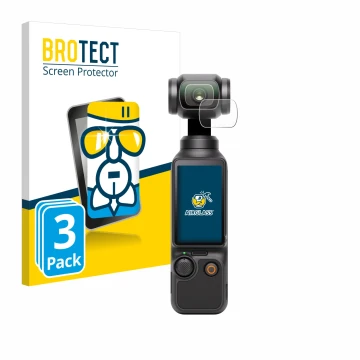 Face avant d’un emballage produit avec le logo de la marque BROTECT. À côté, l’appareil DJI Osmo Pocket 3 (Lentille) est repré