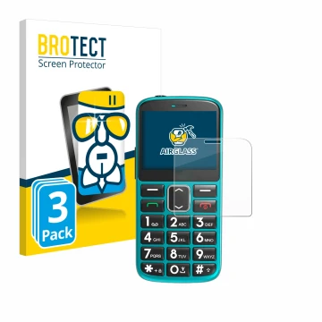 Face avant d’un emballage produit avec le logo de la marque BROTECT. À côté, l’appareil Uleway Seniorenhandy est représenté av