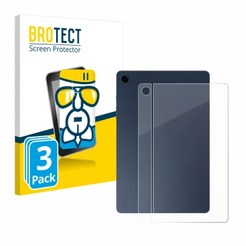 Face avant d’un emballage produit avec le logo de la marque BROTECT. À côté, l’appareil Samsung Galaxy Tab A9 Plus WiFi (Arriè