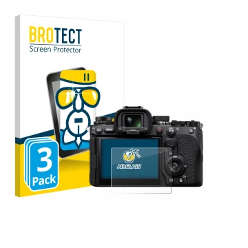Face avant d’un emballage produit avec le logo de la marque BROTECT. À côté, l’appareil Sony Alpha 9 III est représenté avec l