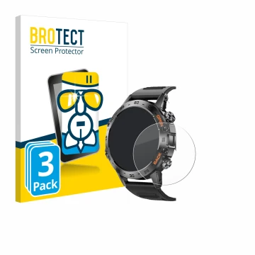 Face avant d’un emballage produit avec le logo de la marque BROTECT. À côté, l’appareil Lemfo Smartwatch 1.39