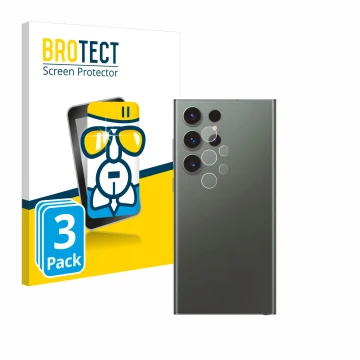 Face avant d’un emballage produit avec le logo de la marque BROTECT. À côté, l’appareil Samsung Galaxy S23 Ultra Enterprise Ed