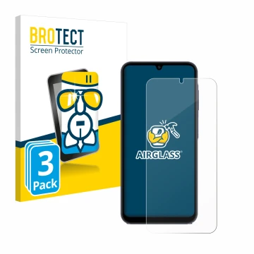 Face avant d’un emballage produit avec le logo de la marque BROTECT. À côté, l’appareil Samsung Galaxy A25 5G est représenté a
