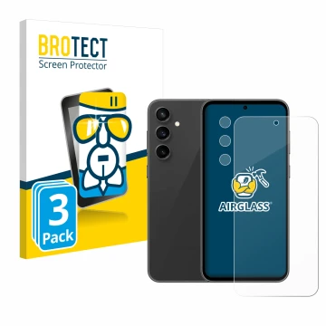 Face avant d’un emballage produit avec le logo de la marque BROTECT. À côté, l’appareil Samsung Galaxy S23 FE (Avant+Caméra) e