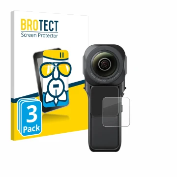 Face avant d’un emballage produit avec le logo de la marque BROTECT. À côté, l’appareil Insta360 One RS 1-Zoll 360 est représe