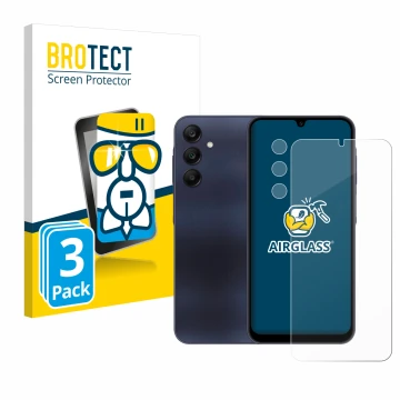 Face avant d’un emballage produit avec le logo de la marque BROTECT. À côté, l’appareil Samsung Galaxy A25 5G (Avant+Caméra) e