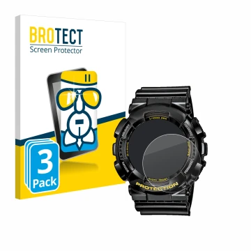 Face avant d’un emballage produit avec le logo de la marque BROTECT. À côté, l’appareil Casio G-Shock GA-110GB-1A est représen