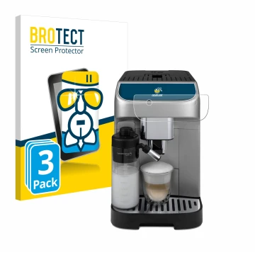 Face avant d’un emballage produit avec le logo de la marque BROTECT. À côté, l’appareil DeLonghi Magnifica Plus est représenté