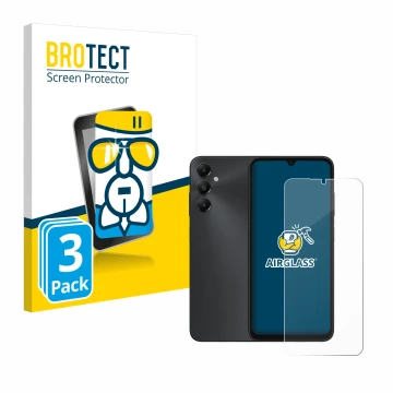 Face avant d’un emballage produit avec le logo de la marque BROTECT. À côté, l’appareil Samsung Galaxy A05s est représenté ave