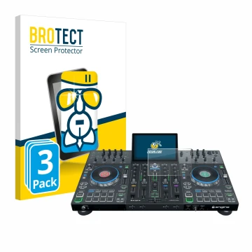 Face avant d’un emballage produit avec le logo de la marque BROTECT. À côté, l’appareil Denon DJ Prime 4+ est représenté avec 