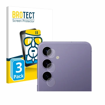 Face avant d’un emballage produit avec le logo de la marque BROTECT. À côté, l’appareil Samsung Galaxy S24 (Caméra UNIQUEMENT)