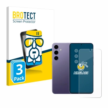 Face avant d’un emballage produit avec le logo de la marque BROTECT. À côté, l’appareil Samsung Galaxy S24 (Avant+Caméra) est 