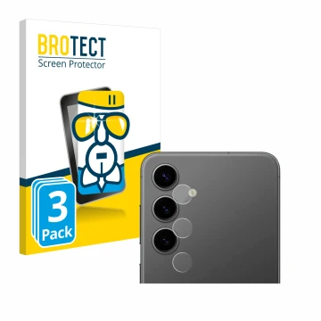 Face avant d’un emballage produit avec le logo de la marque BROTECT. À côté, l’appareil Samsung Galaxy S24 Plus (Caméra UNIQUE