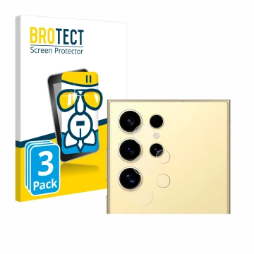 Face avant d’un emballage produit avec le logo de la marque BROTECT. À côté, l’appareil Samsung Galaxy S24 Ultra (Caméra UNIQU