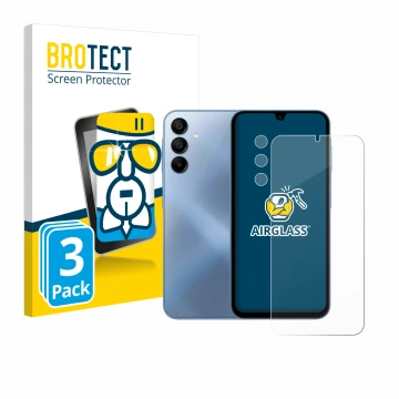 Face avant d’un emballage produit avec le logo de la marque BROTECT. À côté, l’appareil Samsung Galaxy A15 (Avant+Caméra) est 