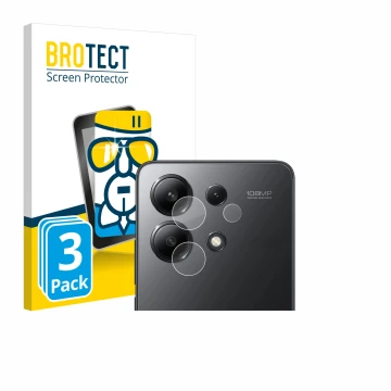 Face avant d’un emballage produit avec le logo de la marque BROTECT. À côté, l’appareil Xiaomi Redmi Note 13 (Caméra UNIQUEMEN