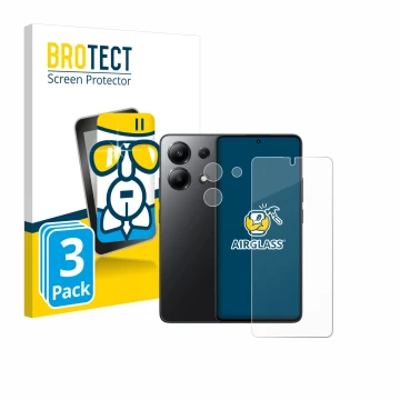 Face avant d’un emballage produit avec le logo de la marque BROTECT. À côté, l’appareil Xiaomi Redmi Note 13 (Avant+Caméra) es