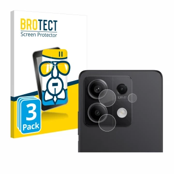 Face avant d’un emballage produit avec le logo de la marque BROTECT. À côté, l’appareil Xiaomi Redmi Note 13 Pro 5G (Caméra UN