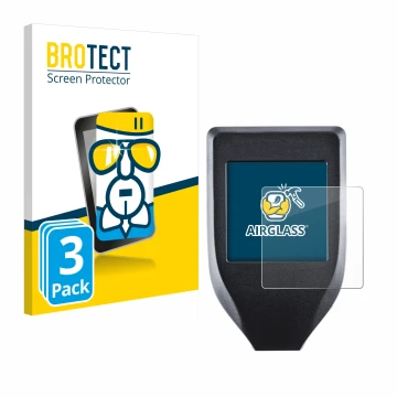 Face avant d’un emballage produit avec le logo de la marque BROTECT. À côté, l’appareil Trezor Model T est représenté avec la 