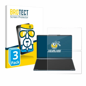 Face avant d’un emballage produit avec le logo de la marque BROTECT. À côté, l’appareil Lenovo Yoga Book 9i Gen 9 est représen