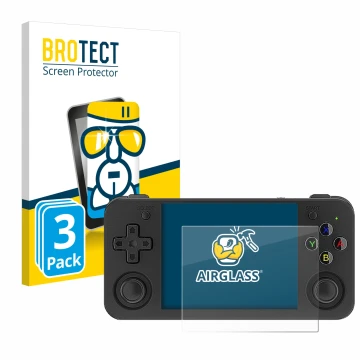 Face avant d’un emballage produit avec le logo de la marque BROTECT. À côté, l’appareil Anbernic RG35XX H est représenté avec 