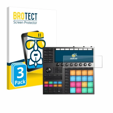 Face avant d’un emballage produit avec le logo de la marque BROTECT. À côté, l’appareil Native Instruments Maschine + est repr
