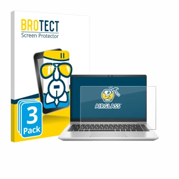 Face avant d’un emballage produit avec le logo de la marque BROTECT. À côté, l’appareil HP ProBook 445 G7 est représenté avec 