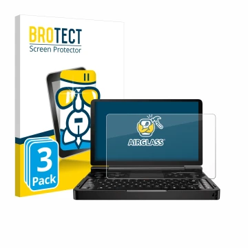 Face avant d’un emballage produit avec le logo de la marque BROTECT. À côté, l’appareil GPD Win Mini (2024) est représenté ave