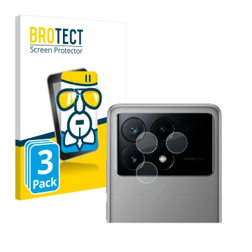 Face avant d’un emballage produit avec le logo de la marque BROTECT. À côté, l’appareil Xiaomi Poco X6 Pro (Caméra UNIQUEMENT)