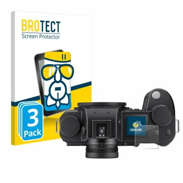 Face avant d’un emballage produit avec le logo de la marque BROTECT. À côté, l’appareil Leica SL3 (affichage des épaules) est 