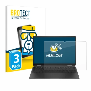 Face avant d’un emballage produit avec le logo de la marque BROTECT. À côté, l’appareil HP Spectre x360 (14-e) 2024 est représ