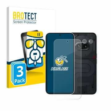 Face avant d’un emballage produit avec le logo de la marque BROTECT. À côté, l’appareil Nothing Phone (2a) (Avant+Caméra) est 