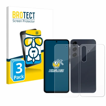 Face avant d’un emballage produit avec le logo de la marque BROTECT. À côté, l’appareil Samsung Galaxy A55 5G (Avant+Arrière) 