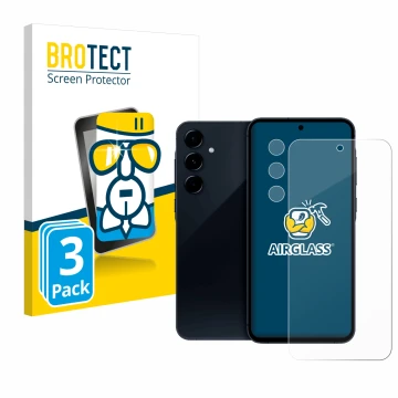 Face avant d’un emballage produit avec le logo de la marque BROTECT. À côté, l’appareil Samsung Galaxy A35 5G (Avant+Caméra) e