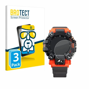 Face avant d’un emballage produit avec le logo de la marque BROTECT. À côté, l’appareil Casio G-Shock GW-9500 est représenté a