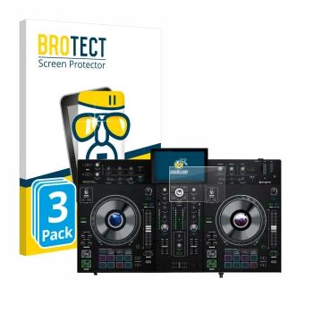 Face avant d’un emballage produit avec le logo de la marque BROTECT. À côté, l’appareil Denon DJ Prime 2 est représenté avec l