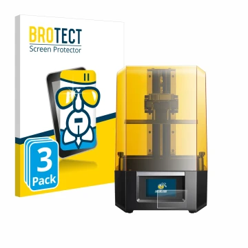 Face avant d’un emballage produit avec le logo de la marque BROTECT. À côté, l’appareil Anycubic Photon Mono M5s est représent