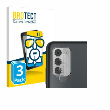 Face avant d’un emballage produit avec le logo de la marque BROTECT. À côté, l’appareil Nokia G42 5G (Caméra UNIQUEMENT) est r