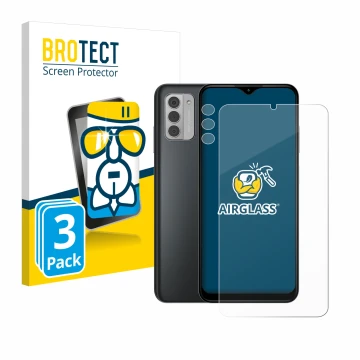 Face avant d’un emballage produit avec le logo de la marque BROTECT. À côté, l’appareil Nokia G42 5G (Avant+Caméra) est représ