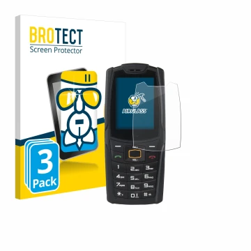 Face avant d’un emballage produit avec le logo de la marque BROTECT. À côté, l’appareil AGM M6 est représenté avec la protecti