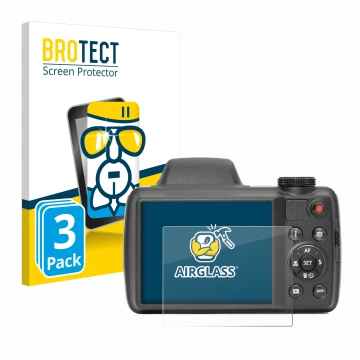 Face avant d’un emballage produit avec le logo de la marque BROTECT. À côté, l’appareil Kodak Pixpro AZ528 est représenté avec