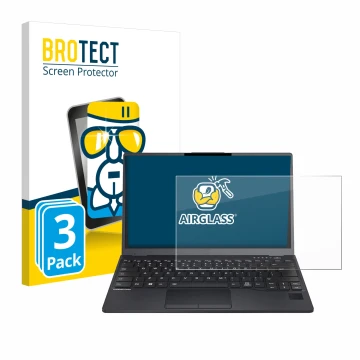 Face avant d’un emballage produit avec le logo de la marque BROTECT. À côté, l’appareil Fujitsu Lifebook U9312 est représenté 