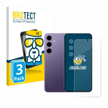 Face avant d’un emballage produit avec le logo de la marque BROTECT. À côté, l’appareil Samsung Galaxy S24 Enterprise Edition 