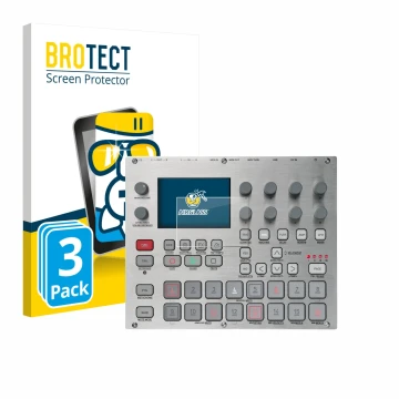 Face avant d’un emballage produit avec le logo de la marque BROTECT. À côté, l’appareil Elektron Syntakt E25 Remix Edition est