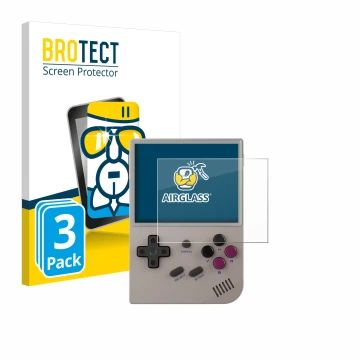 Face avant d’un emballage produit avec le logo de la marque BROTECT. À côté, l’appareil Anbernic RG35XX Plus est représenté av